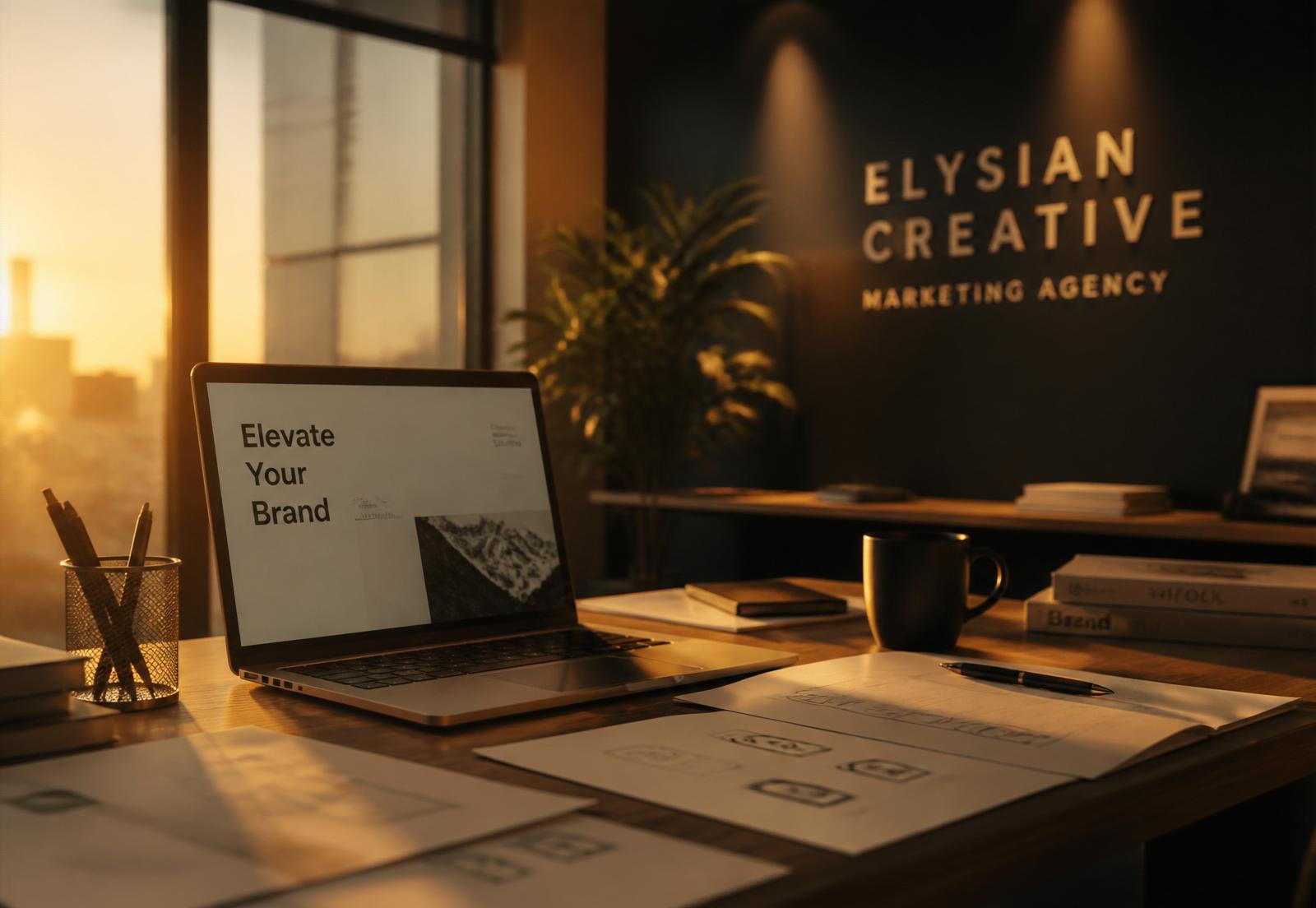 A marketing studio workspace at golden hour